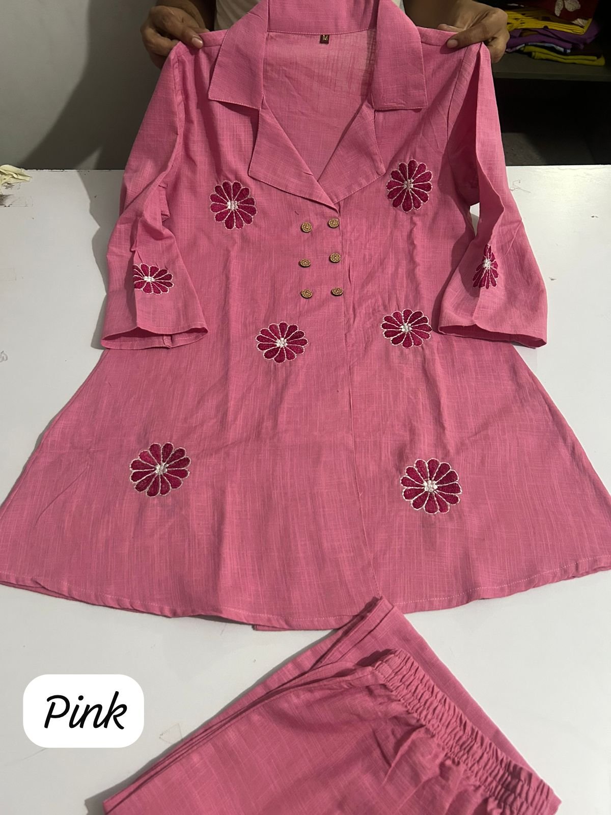 Pink Cotton Slub Angrakha Embroidered Co-Ord Set